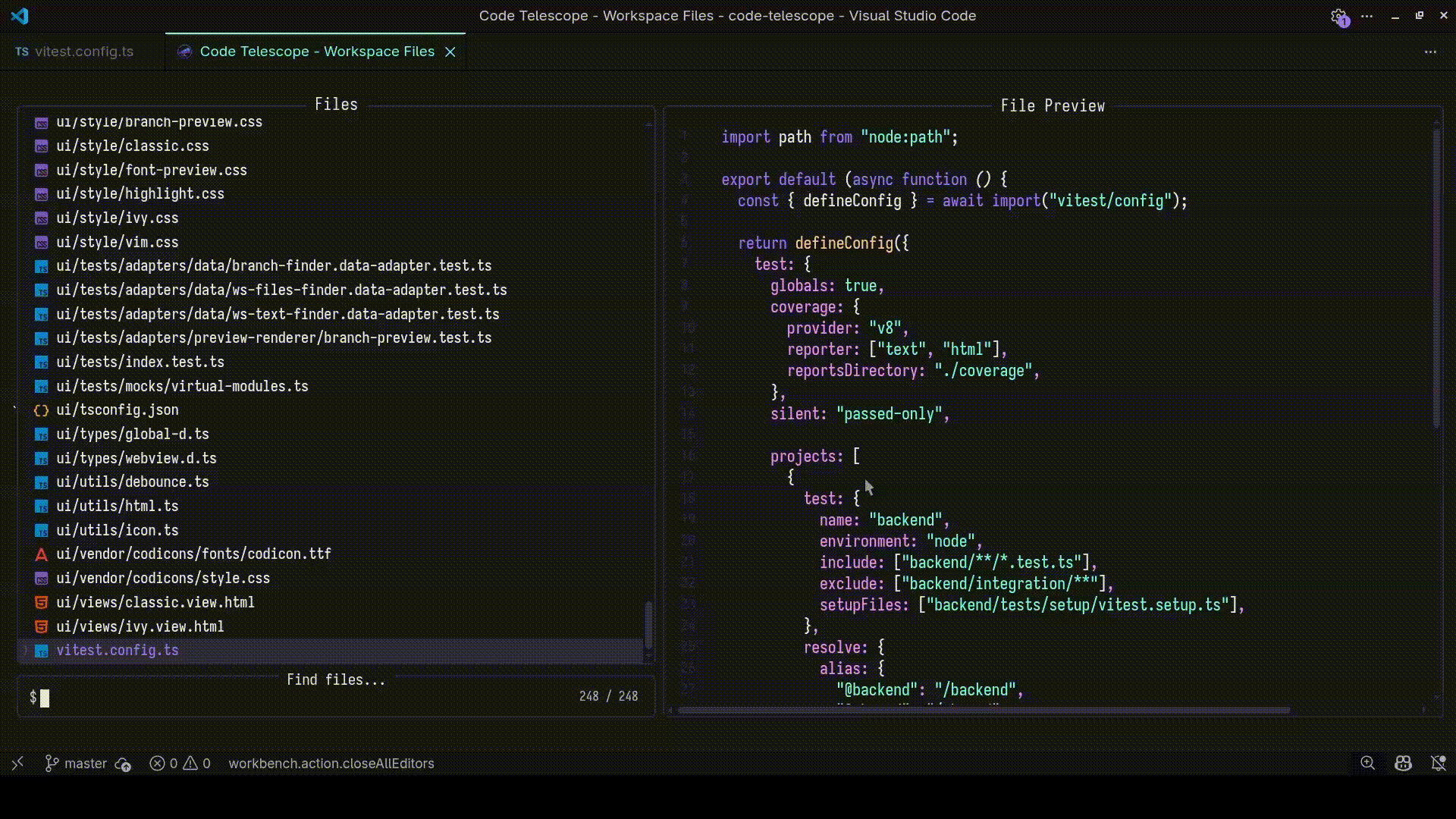 Animated preview of Code Telescope running inside VS Code